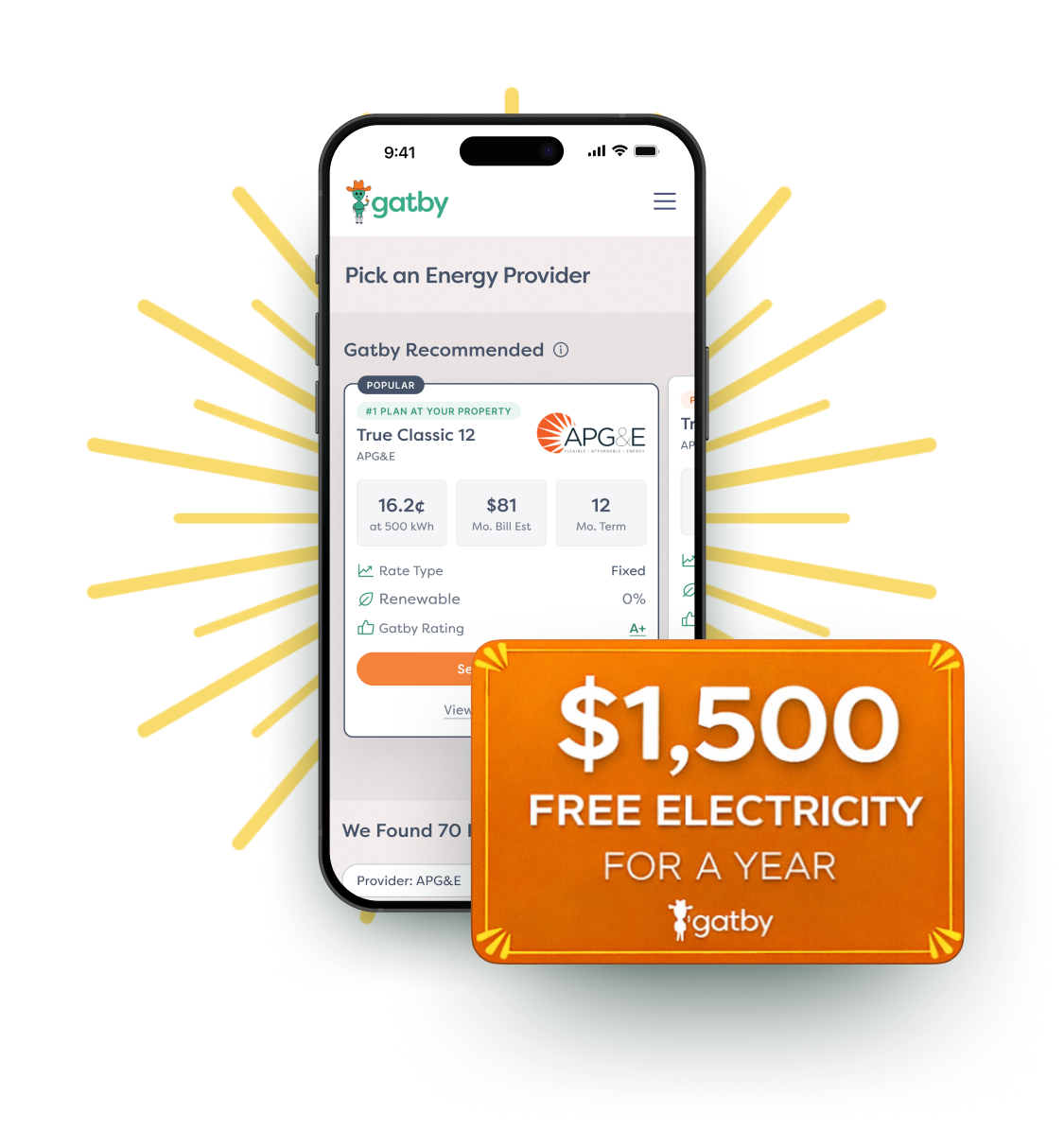 Gatby app showing $1,500 free electricity for a year